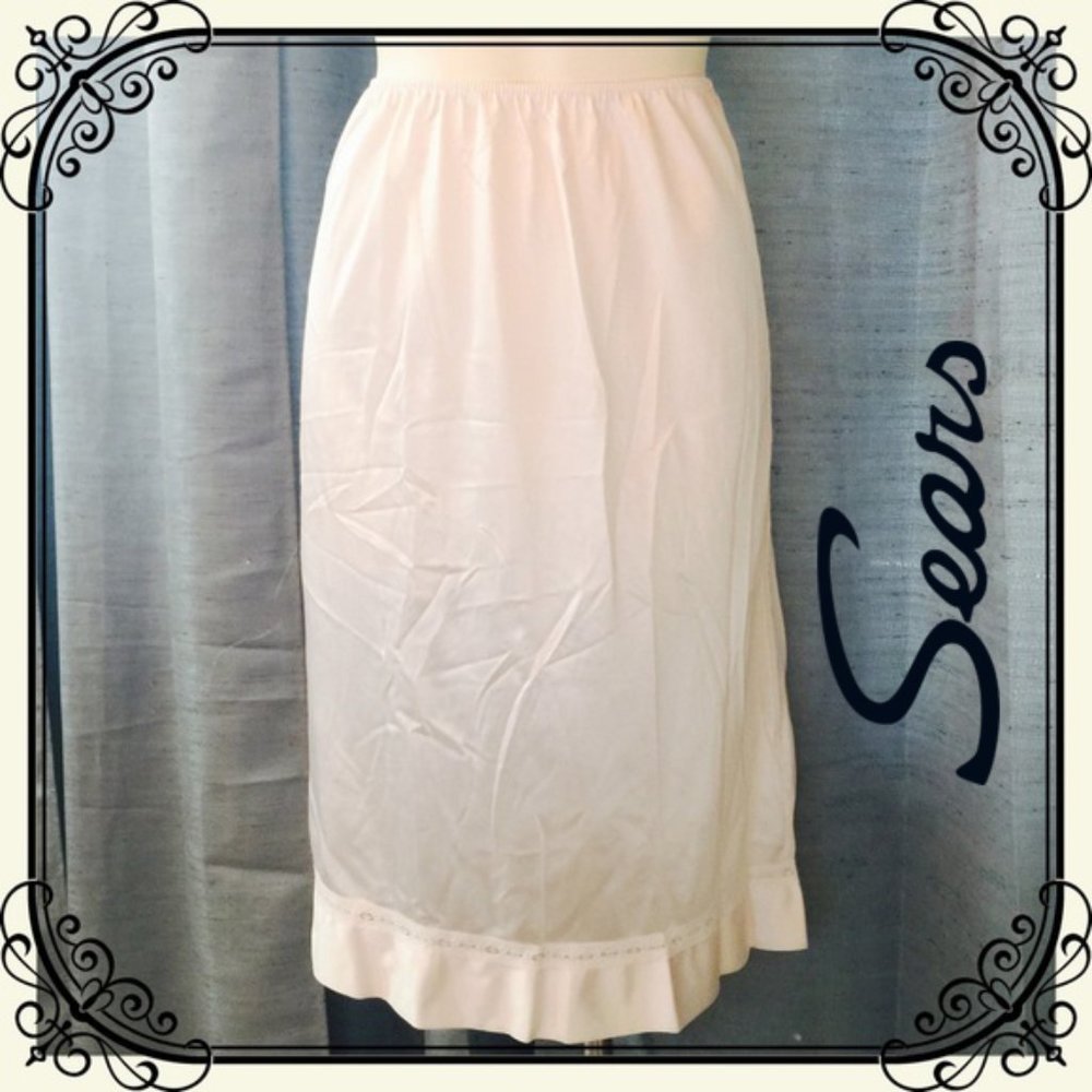 Vintage silky white half slip with lace trim hem